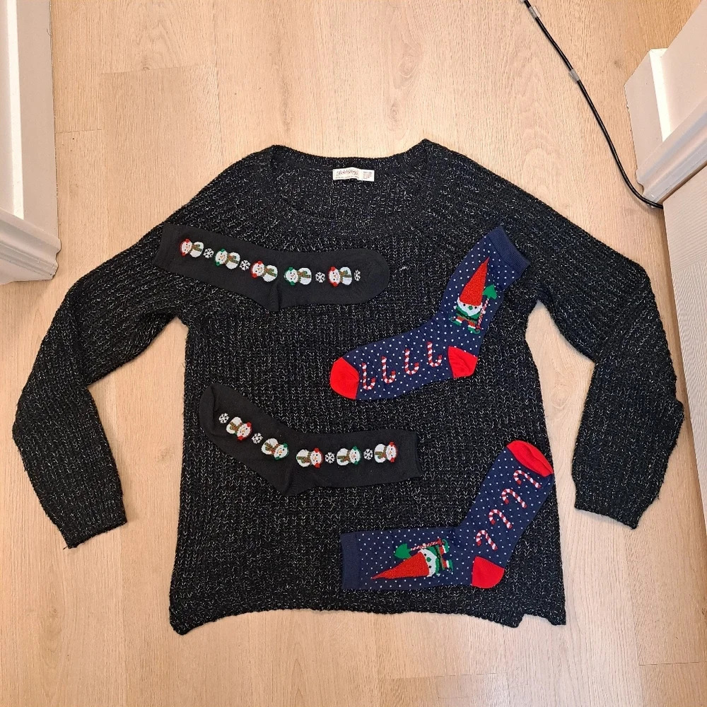 Homemade Faded Glory Black Silver Knit‎ Ugly Christmas Sweater Socks Size 2XL